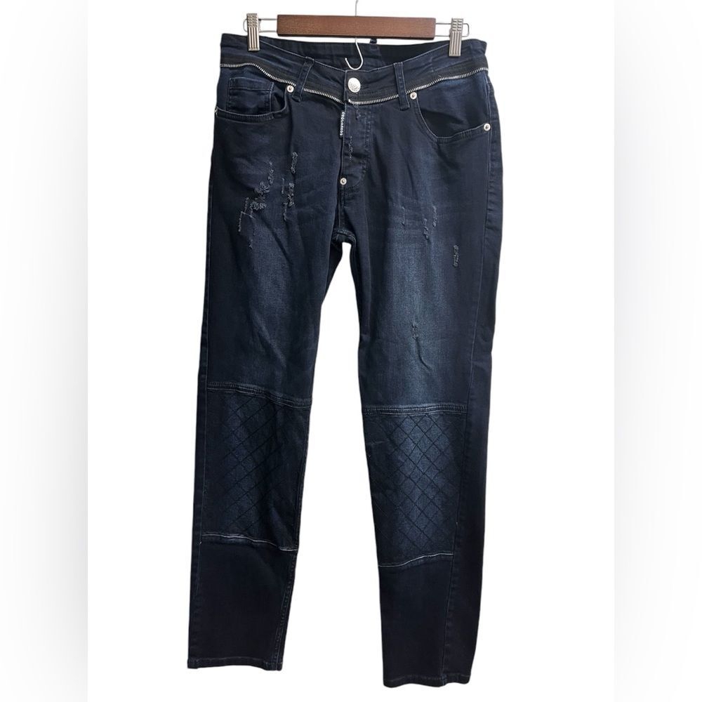 DSquared2 Men’s Blue Noir Distressed Lattice Button-fly Jeans Zipper Waist SZ 33